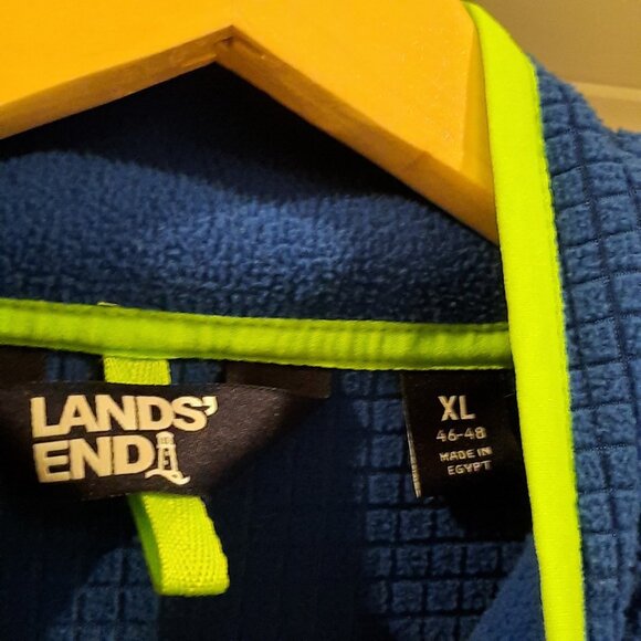 Lands End Jacket Mens XL‎ Blue Neon Grid Fleece 1/4 Pullover Sweater Hiking Ski - Picture 5 of 10